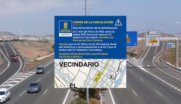 Volledige afsluiting van de GC-1 bij Vecindario op 29 en 30 december!